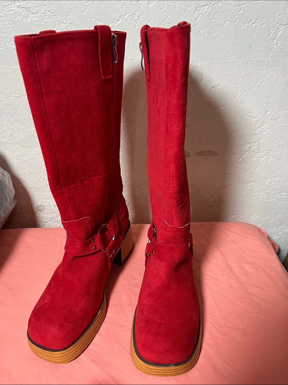 Women's Red Suede Mid-Calf Boots